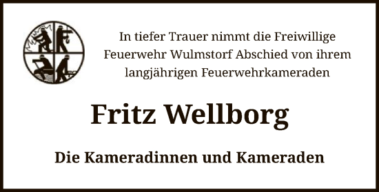 Todesanzeige von Fritz Wellborg von SYK