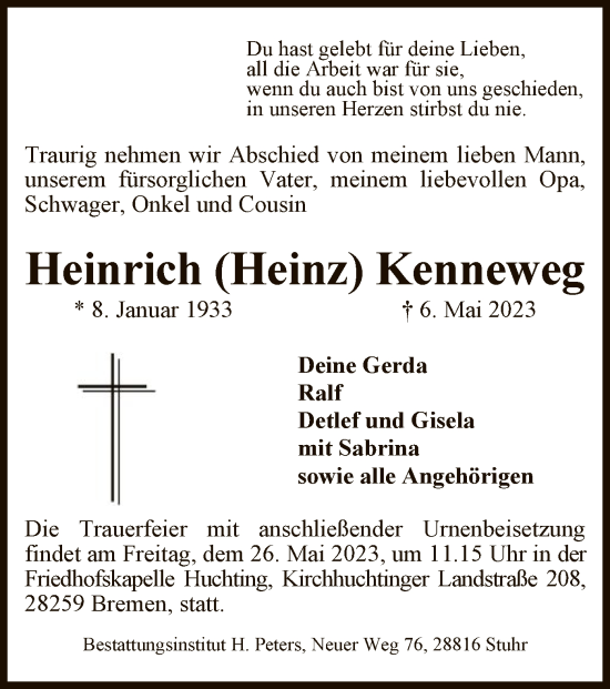 Todesanzeige von Heinrich Kenneweg von SYK