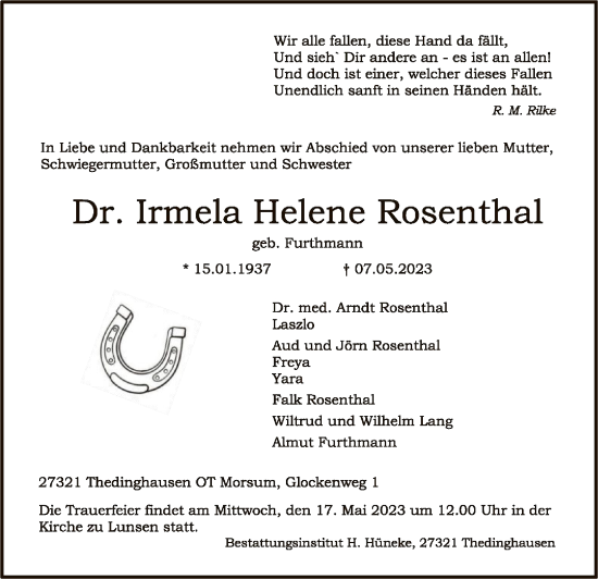Todesanzeige von Irma Helene Rosenthal von SYK
