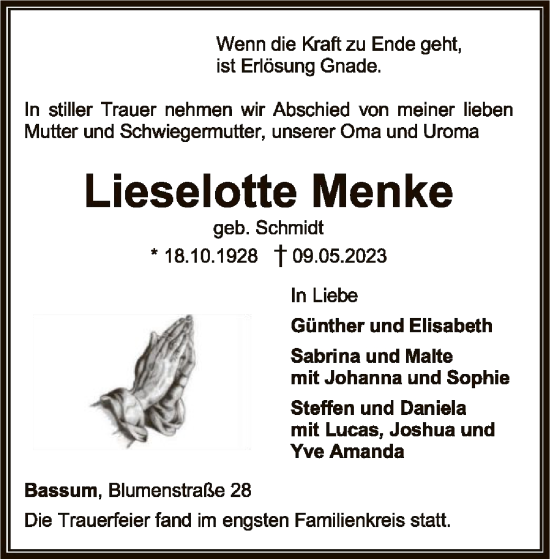Todesanzeige von Lieselotte Menke von SYK