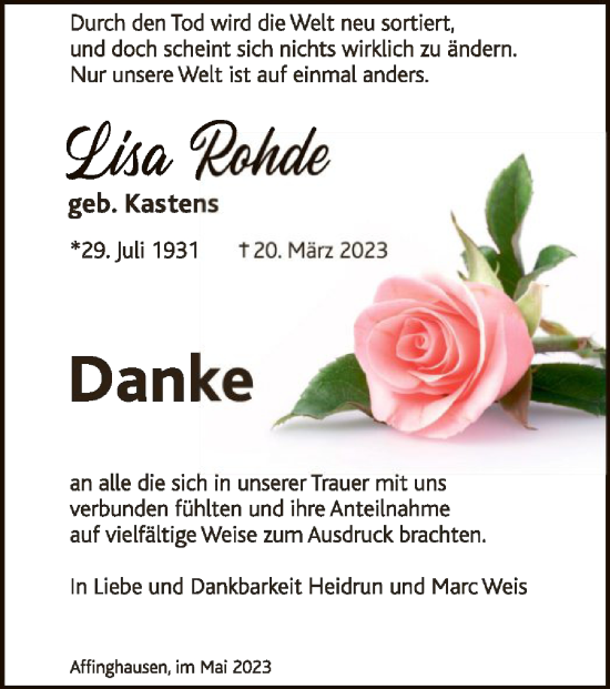 Todesanzeige von Lisa Rohde von SYK