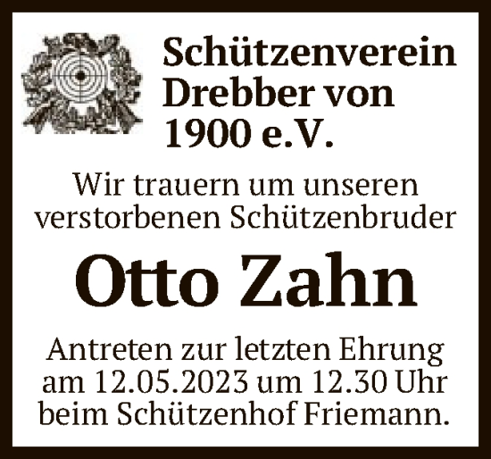 Todesanzeige von Otto Zahn von SYK