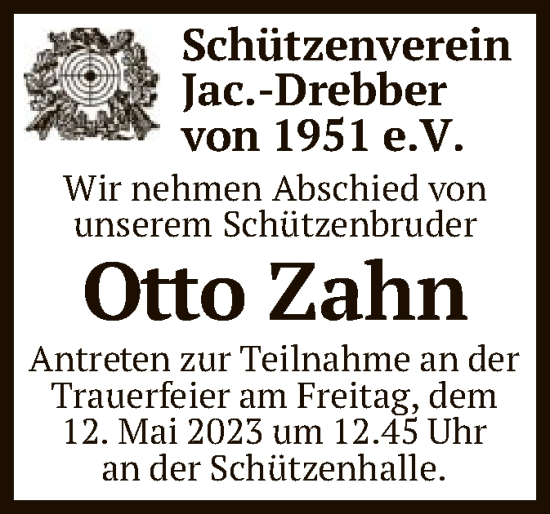Todesanzeige von Otto Zahn von SYK