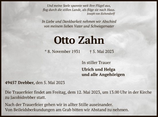 Todesanzeige von Otto Zahn von SYK