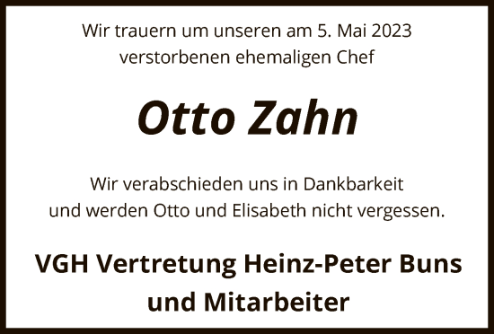 Todesanzeige von Otto Zahn von SYK