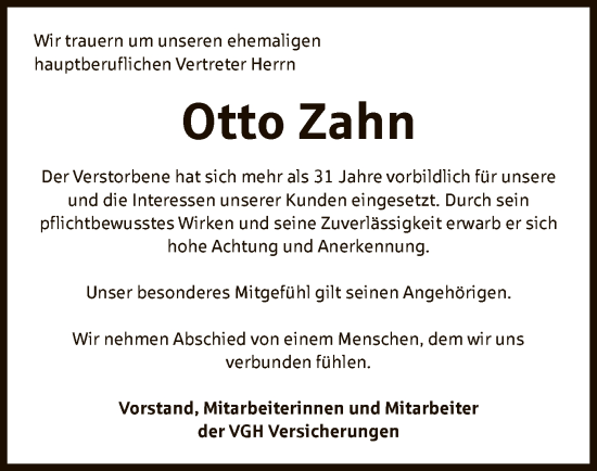 Todesanzeige von Otto Zahn von SYK