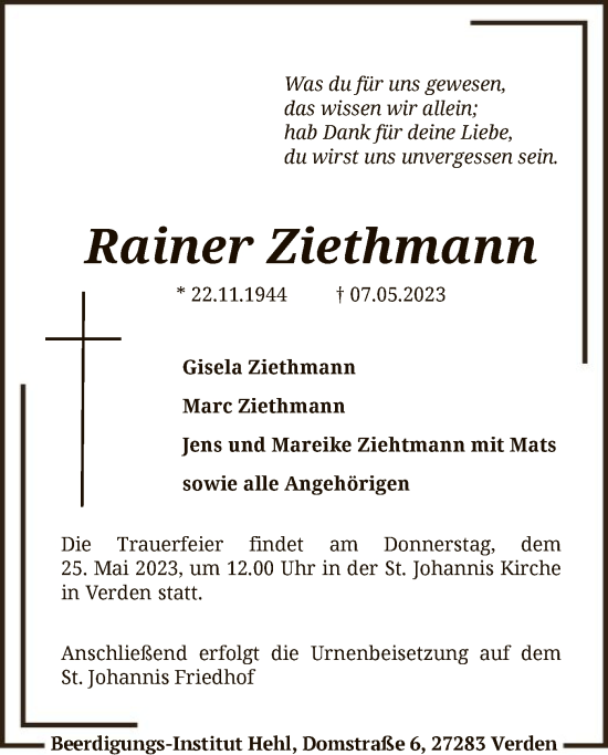 Todesanzeige von Rainer Ziethmann von SYK