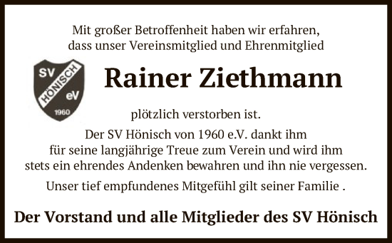 Todesanzeige von Rainer Ziethmann von SYK