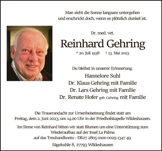Todesanzeige von Reinhard Gehring von SYK