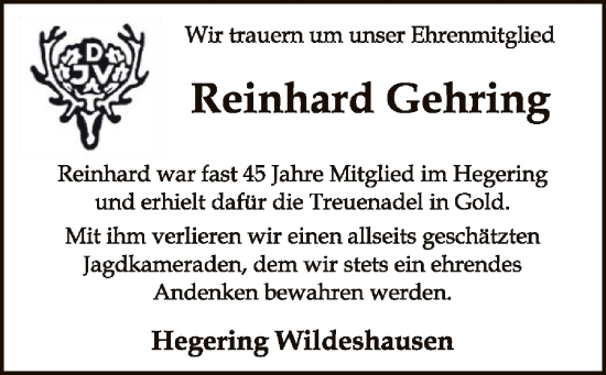 Todesanzeige von Reinhard Gehring von SYK