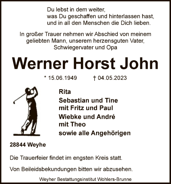Todesanzeige von Werner Horst John von SYK