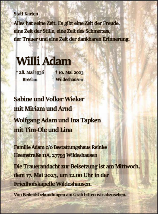 Todesanzeige von Willi Adam von SYK