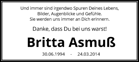 Todesanzeige von Britta Asmuß von SYK
