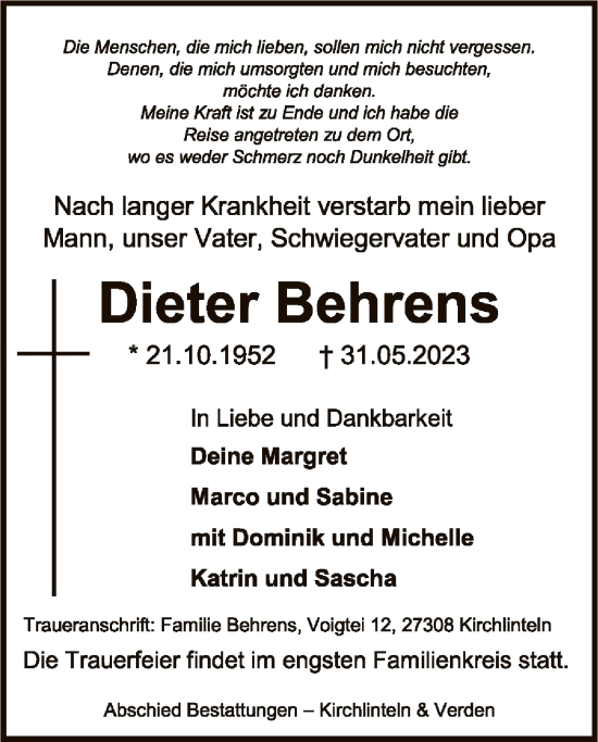 Todesanzeige von Dieter Behrens von SYK