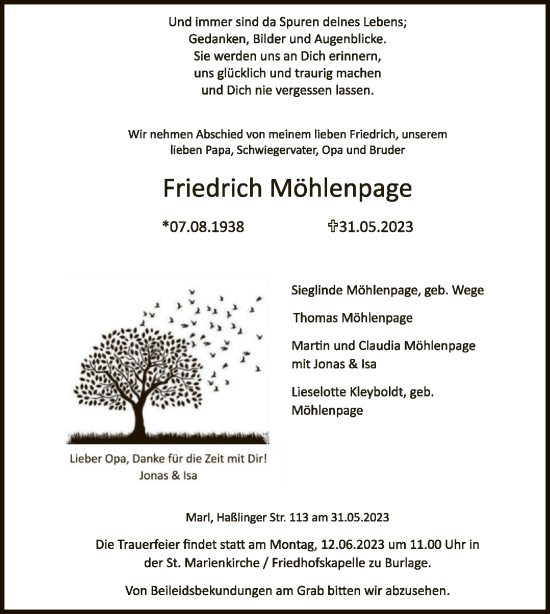 Todesanzeige von Friedrich Möhlenpage von SYK