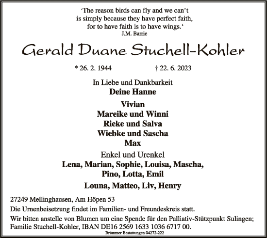 Todesanzeige von Gerald Duane Stuchell-Kohler von SYK