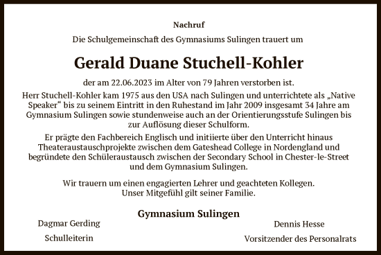 Todesanzeige von Gerald Duane Stuchell-Kohler von SYK