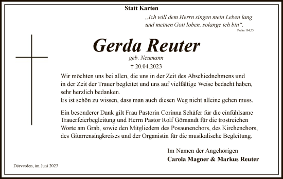 Todesanzeige von Gerda Reuter von SYK