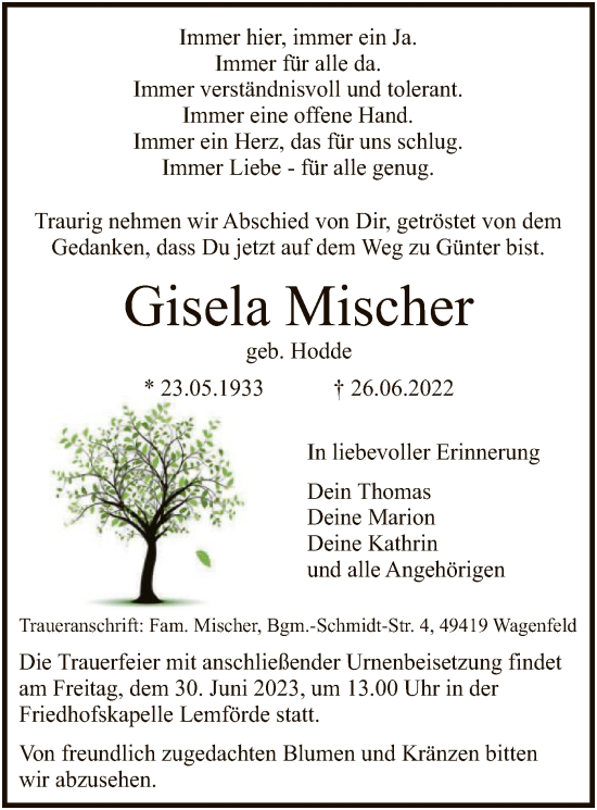 Todesanzeige von Gisela Mischer von SYK