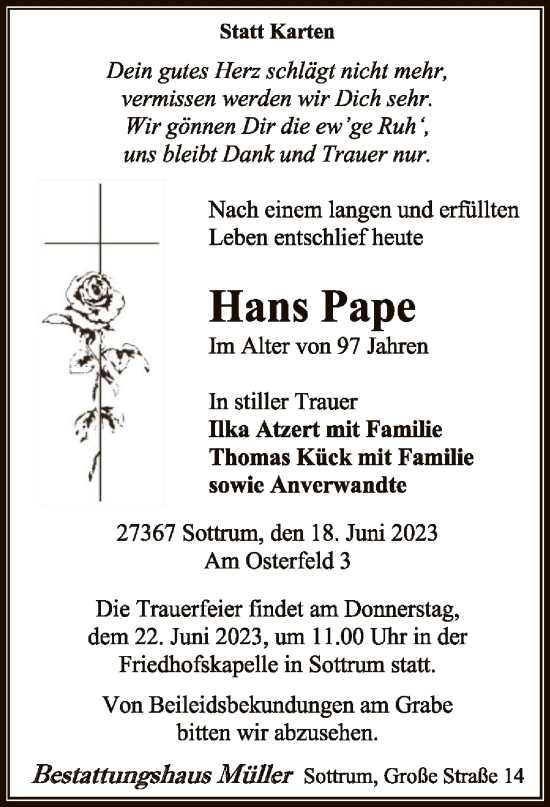 Todesanzeige von Hans Pape von SYK