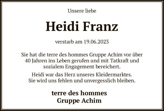 Todesanzeige von Heidi Franz von SYK