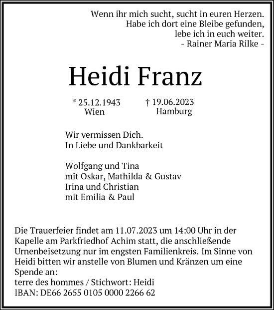 Todesanzeige von Heidi Franz von SYK