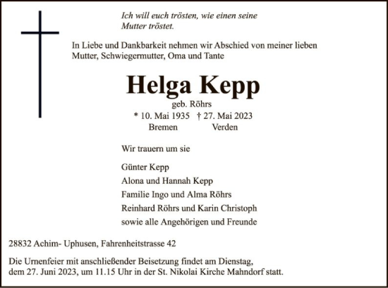 Todesanzeige von Helga Kepp von SYK
