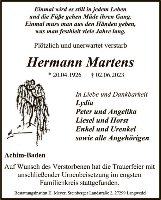 Todesanzeige von Hermann Martens von SYK