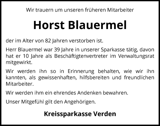 Todesanzeige von Horst Blauermel von SYK
