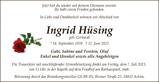 Todesanzeige von Ingrid Hüsing von SYK