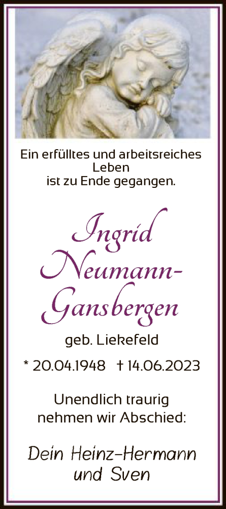 Todesanzeige von Ingrid Neumann-Gansbergen von SYK