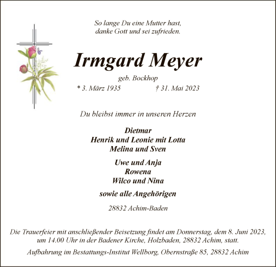 Todesanzeige von Irmgard Meyer von SYK