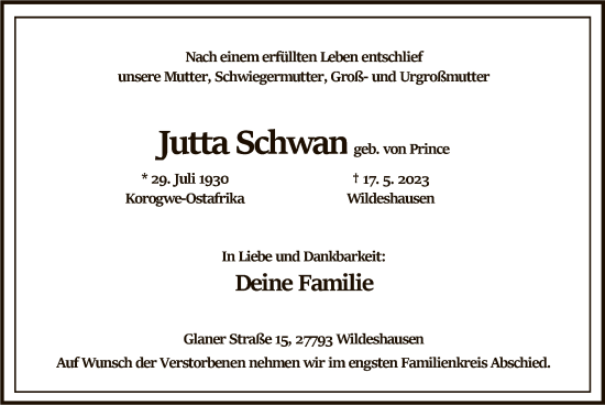 Todesanzeige von Jutta Schwan von SYK