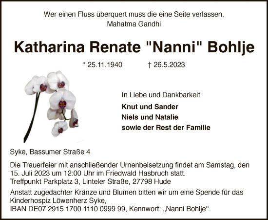 Todesanzeige von Katharina Renate Bohlje von SYK