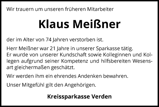 Todesanzeige von Klaus Meißner von SYK