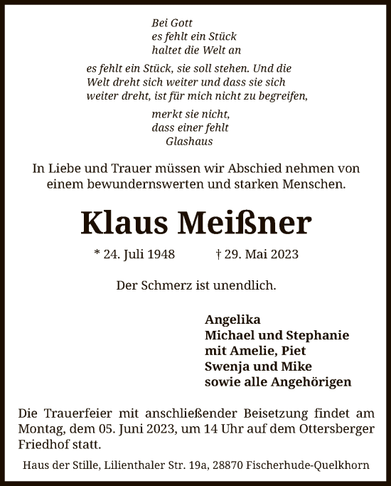 Todesanzeige von Klaus Meißner von SYK