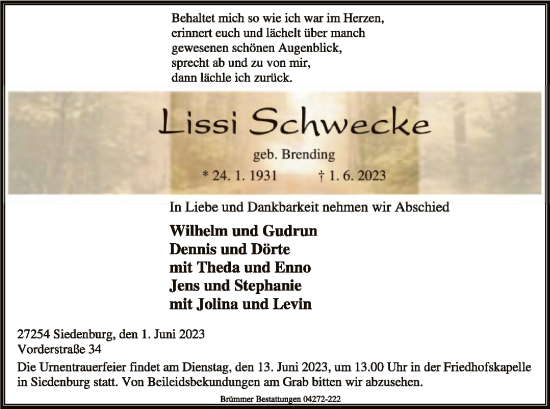 Todesanzeige von Lissi Schwecke von SYK