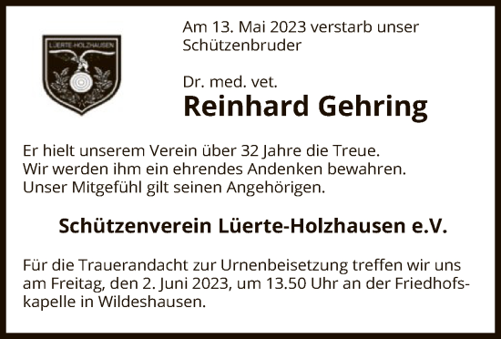 Todesanzeige von Reinhard Gehring von SYK