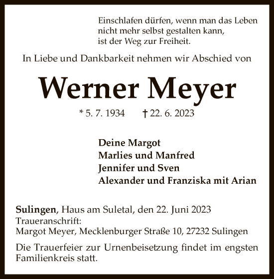 Todesanzeige von Werner Meyer von SYK