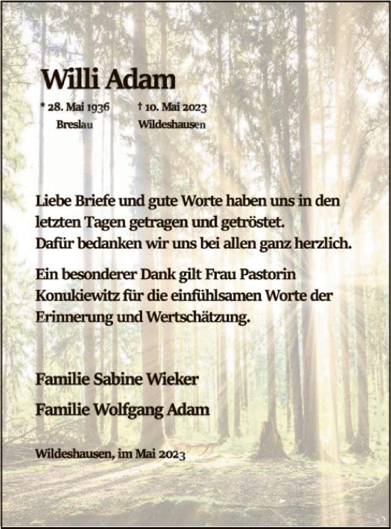 Todesanzeige von Willi Adam von SYK