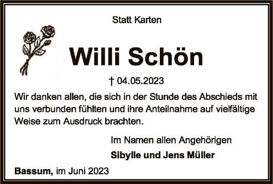 Todesanzeige von Willi Schön von SYK