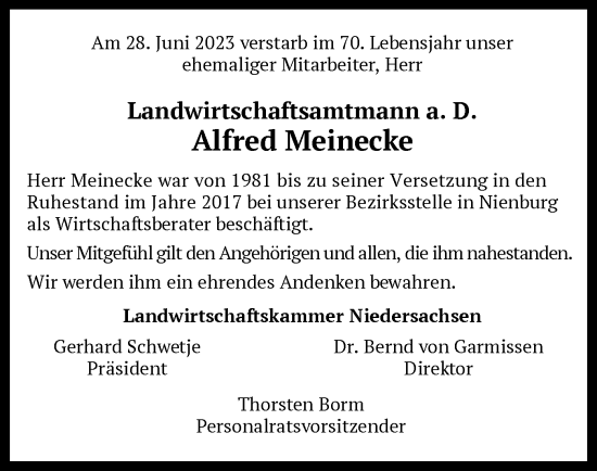 Todesanzeige von Alfred Meinecke von SYK