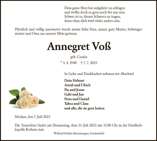 Todesanzeige von Annegret Voß von SYK