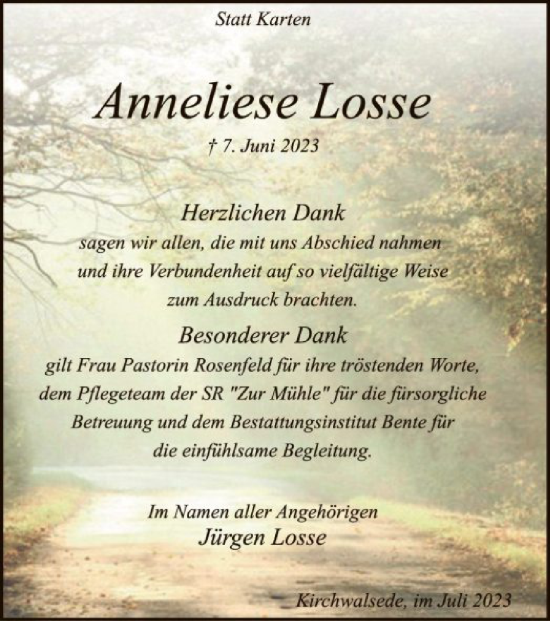 Todesanzeige von Anneliese Losse von SYK