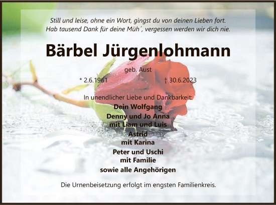 Todesanzeige von Bärbel Jürgenlohmann von SYK