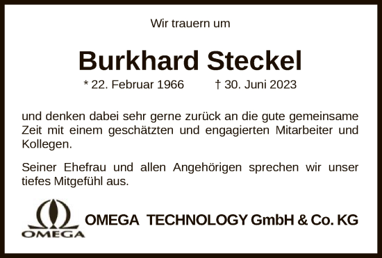Todesanzeige von Burkhard Steckel von SYK