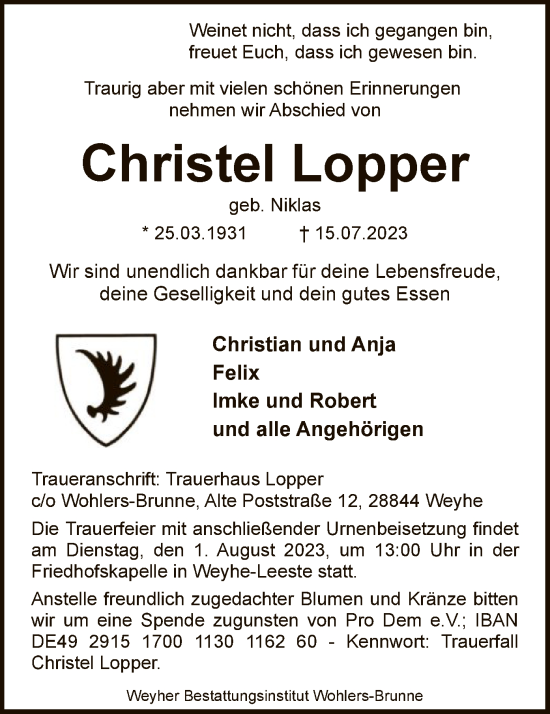 Todesanzeige von Christel Lopper von SYK