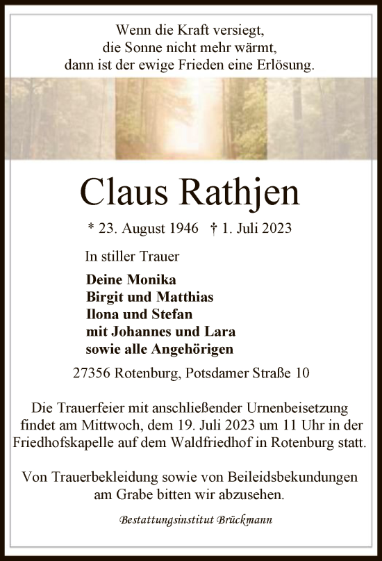 Todesanzeige von Claus Rathjen von SYK