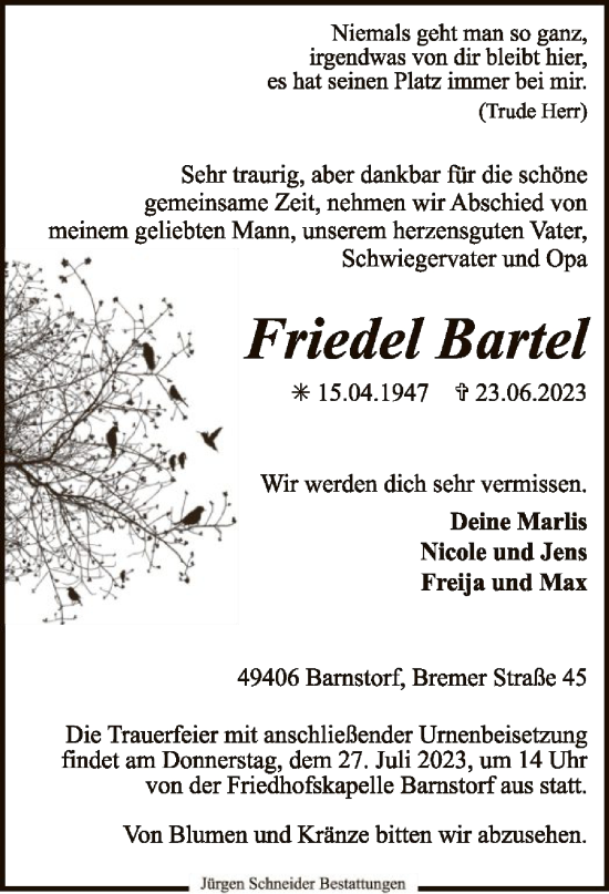 Todesanzeige von Friedel Bartel von SYK