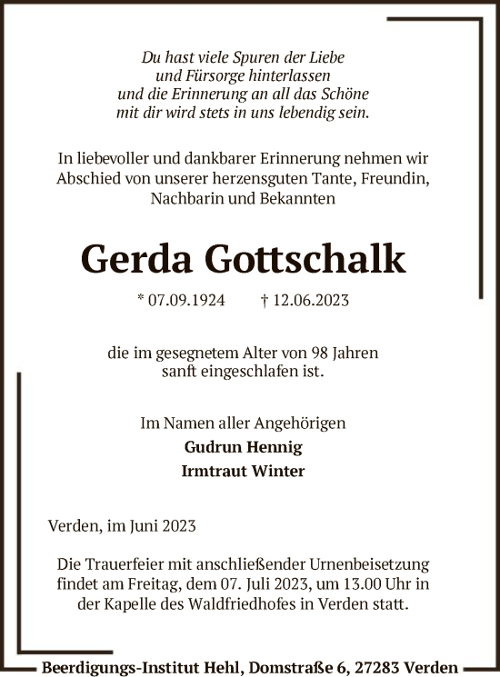 Todesanzeige von Gerda Gottschalk von SYK